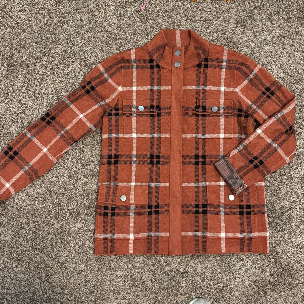 Joie Plaid Button-Up Sweater - Rust and Black